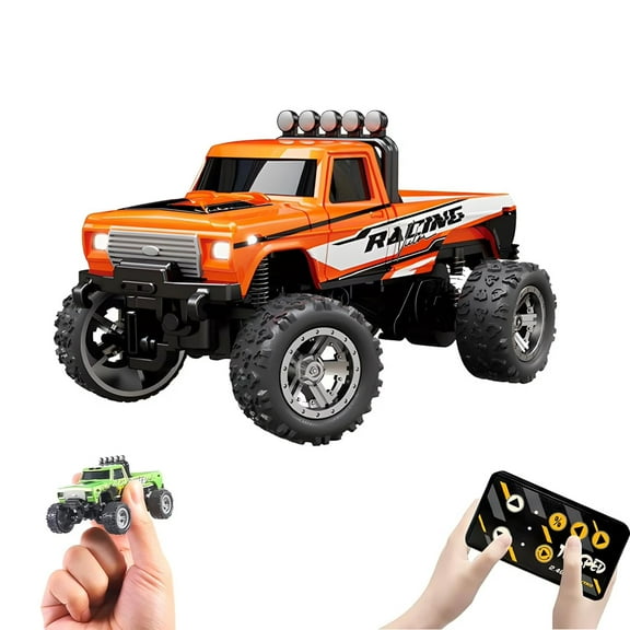 Mini Rc Truck, Mini RC Monster Truck, 1:64 Scale Monster Truck Remote Control Car with Lights, 2.4Ghz Remote Control, Mini Alloy Monster Truck Rc with Trailer, Speed/Steering Adjustable(Orange)