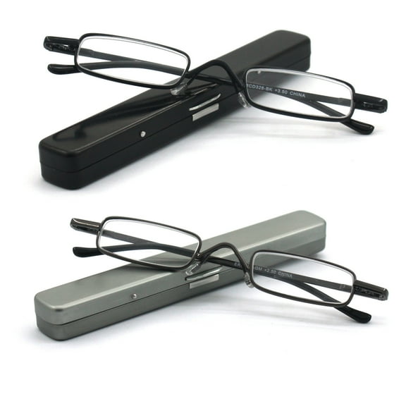 Mini Reading Glasses EYE ZOOM 2 Pack Metal Small Readers Light Portable Clip Case, Black, Gunmetal, +1.50