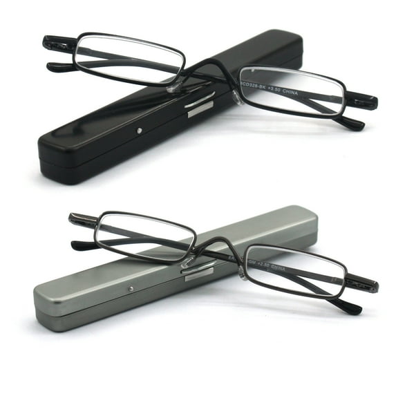 Mini Reading Glasses EYE ZOOM 2 Pack Metal Small Readers Light Portable Clip Case, Black, Gunmetal, +2.50