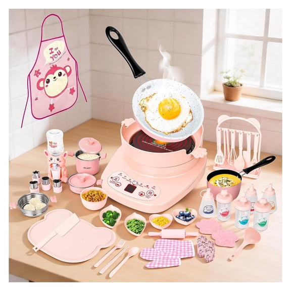 Mini Real Cooking Set for Teens 42 PCS Hot Plate Kit Pink Beginner Kitchen Practice Equipment for Ages 14+ with Utensils Apron and Pots