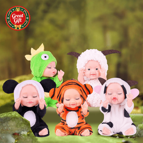 Mini Realistic Newborn Baby Dolls with Animal Onesies, Lifelike Soft Vinyl Infant Doll for Pretend Play, Kids Nurturing Toy, Christmas Birthday Gift for Toddler Boys Girls Ages 3+