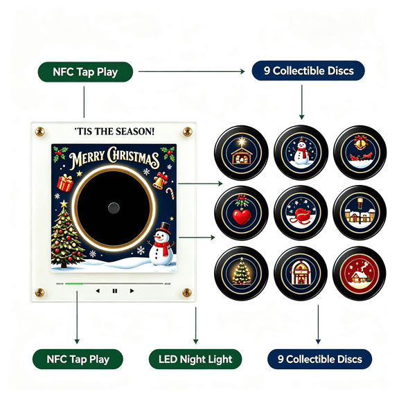 Mini Record Player Christmas Fridge Vinyl Magnetic Music Box Set, 9 NFC Discs Built‑in Storage, LED Night Light, Volume Control, Kitchen Decor, Holiday Stocking Stuffer