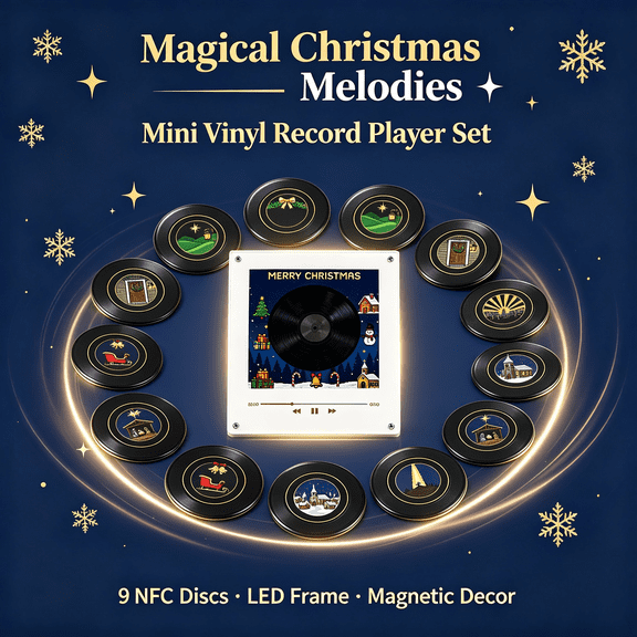 Mini Record Player Christmas NFC Vinyl Fridge Magnet Music Box, 9 Replaceable NFC Discs, Magnetic Mount Design, LED Light, Kitchen Office Decor, Christmas Stocking Stuffer
