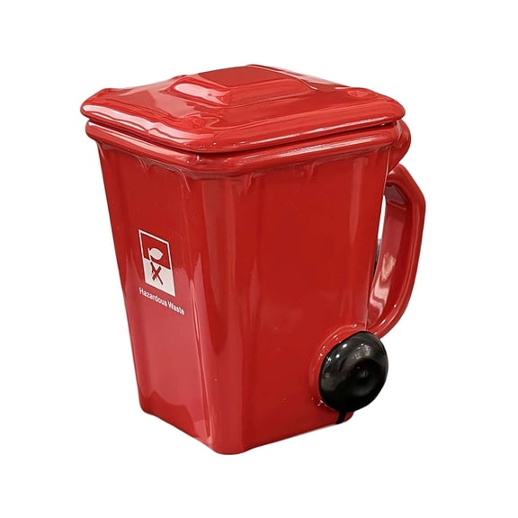 Mini Recycling Bin Ceramic Mug with Lid, Funny Trash Can Shaped Coffee Cup for Office Desk Home Daily Use Red