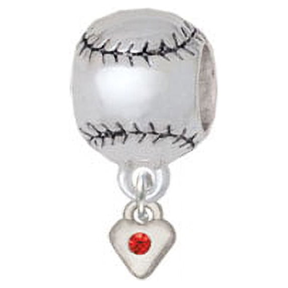 Mini Red Birthday Crystal Heart - Softball Charm Bead