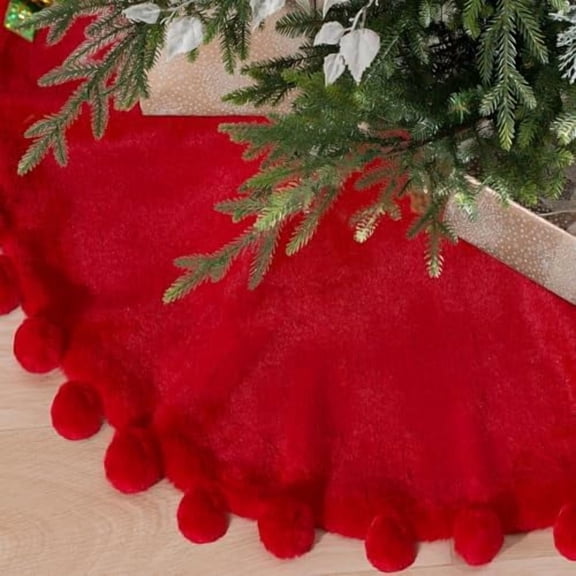 Mini Red Christmas Tree Skirt 14 Inch with POM POM Soft Plush Faux Fur Xmas Tree Skirt for Table Top Tree Mini Small Christmas Tree Home Holiday Party Ornaments Indoor Decor Decoration