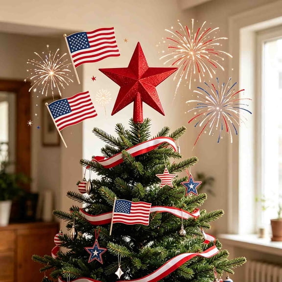 Mini Red Christmas Tree Topper Star,Patriotic Memorial Day 4th of July Christmas Tree Topper,for Office Desk,Mantel or Shelf Display,Festive Mini Xmas Decor