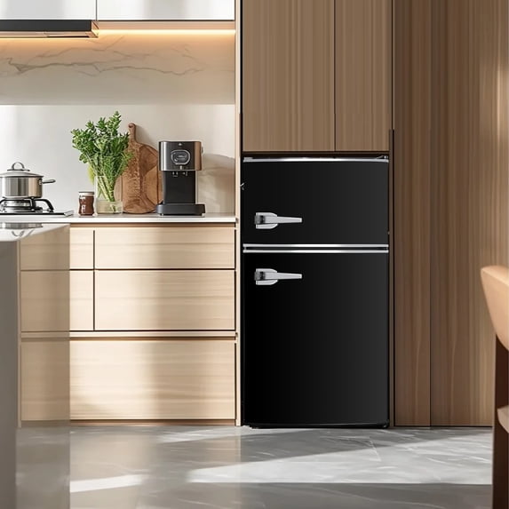 Mini Refrigerator with Freezer, 2-Door 3.2 Cu.ft. Black Small Fridge with Adjustable Removable Glass Shelves, Thermostat Control, Bottle Opener, Retro Fridge for Apartment/Office/Dorm,Black