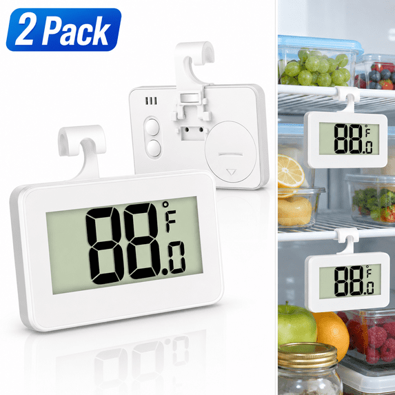 USTOP 2 Pack Digital Refrigerator Thermometer, Freezer and Fridge Thermometer with Large LCD Display, Waterproof Room/Office Thermometer with Hook for Home, Kitchen, Office, Dorm Use