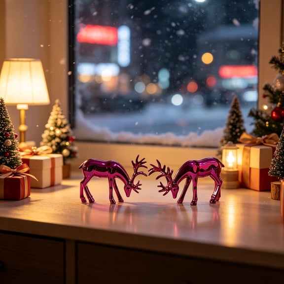 Mini Reindeer Figurine Set of 2, Metallic‑Toned Paired Deer Statues, Holiday Tabletop Ornament for Shelf, Mantel & Miniature Scene Display