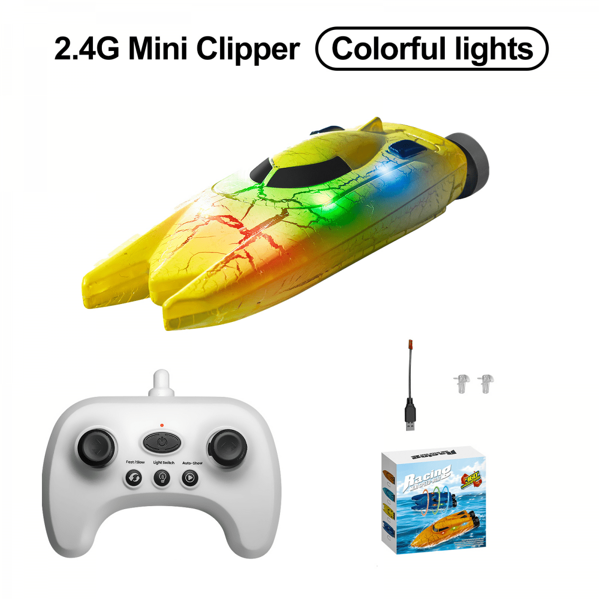 Mini Remote Control Boat for Kids, Waterproof Electric Racing Boat with Lights for Pools Lake, Outdoor Water Toys for Adults Birthday Gifts(Yellow)