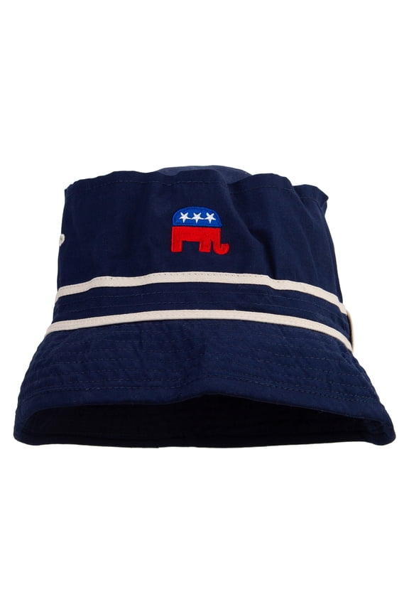 Mini Republican Elephant Logo Embroidered Big Size Striped Hat Band Fisherman Bucket Hat - Navy Khaki 2XL-3XL