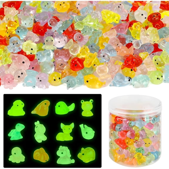 Mini Resin Animals Figures to Hide 200 pcs Tiny Resin Animals Glow in The Dark Variety Pack Bulk for Fish Tank Aquarium Fairy Garden Accessories Decorations