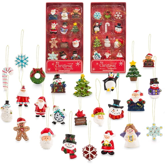 Mini Resin Christmas Ornaments Set of 24 - Rustic Christmas Decorations - Small Miniature Christmas Tree Ornaments - Santa Snowman Gingerbread Angel - Tiny Christmas Tree Decorations with Gift Box!