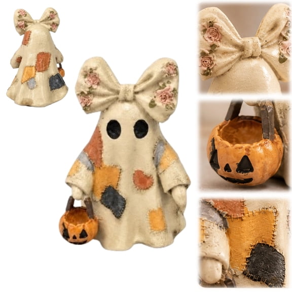 Mini Resin Patchwork Ghost Figurine 3.94inch, Floral Print Bow Ghost Statue with Mini Jack-O-Lantern Bucket, Rustic Farmhouse Fall Halloween Tabletop Decor for Mantel, Shelf & Entryway