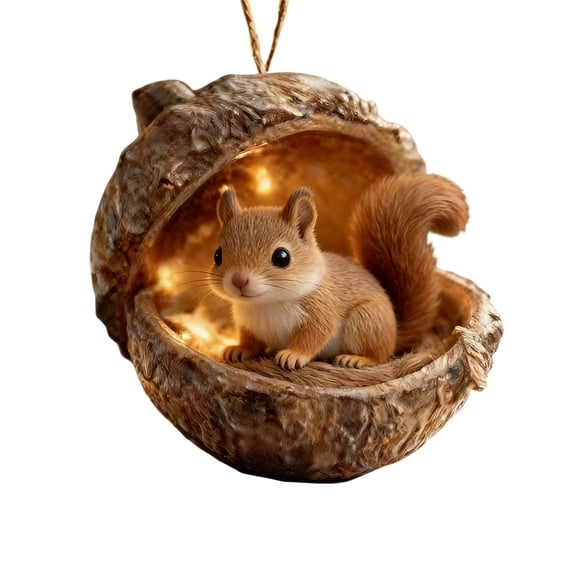 Mini Resin Squirrel Christmas Ornament, 3.15 Inch Acorn Hut Hanging Decor, Cute Forest Animal for Tree
