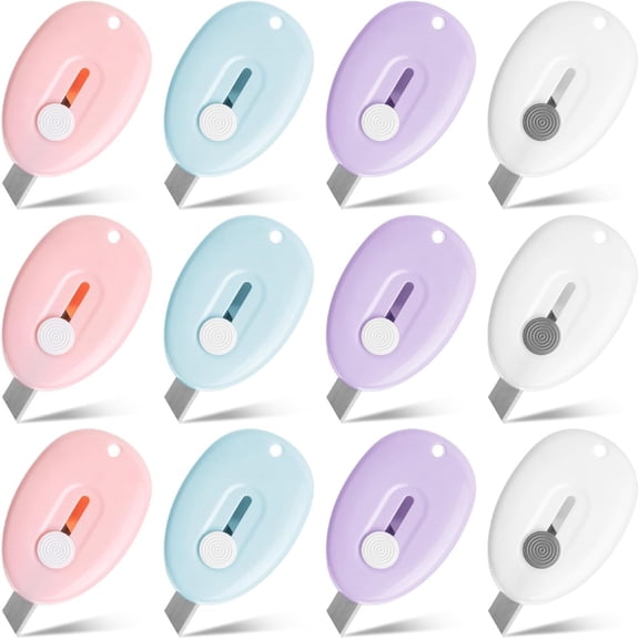 Mini Retractable Box Cutter, 12 pcs, Pastel Colors, Small Box Cutter Small, Mini Utility Knife, Mini Box Cutters Retractable, Mini Box Cutter Keychain Utility Knife, Small Box Cutter Mini