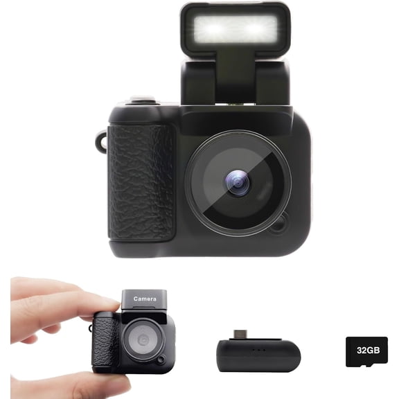Mini Retro Camera, FHD 1080p 8MP Mini Digital Camera with 32GB SD Card, OTG Adapters, Card Readers, Eight Filters Mini Camera, 100 Mins Battery Life Mini Keychain Camera