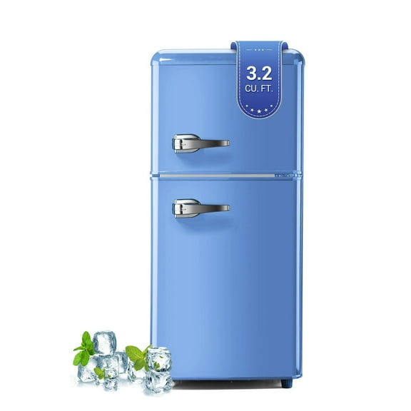 Mini Retro Fridge 3.2 Cu.Ft. Apartment Size Refrigerator with FreezerRetro Fridge Style with 7-Level Adjustable Thermostat Compact Vintage 2 Door Fridges for KitchenDorm Apartment Blue