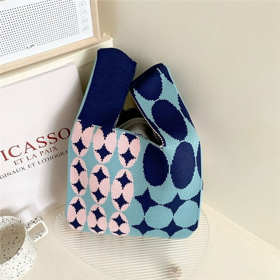 Mini Reusable Shoulder Bag Women Girls Casual Color Tote Bag Knit Handbag Handmade Knot Wrist Bag 08