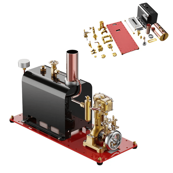 Mini Reversible Single-Cylinder Steam Engine Kit with Boiler, DIY Reciprocating Live Steam Model with Stephenson Valve Gear, Brass Mechanical Model for STEM Education and Desktop Display