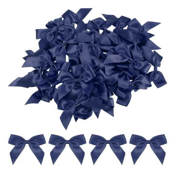 Uxcell Mini Ribbon Bow 2.5" x 2'' 100Pcs Mini Fabric Satin Ribbon Flower Bows Craft DIY Sewing Wedding Bows Dark Blue