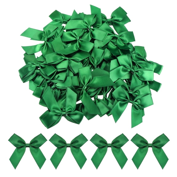 Uxcell Mini Ribbon Bow 2.5" x 2'' 100Pcs Mini Fabric Satin Ribbon Flower Bows Craft DIY Sewing Wedding Bows Emerald Green