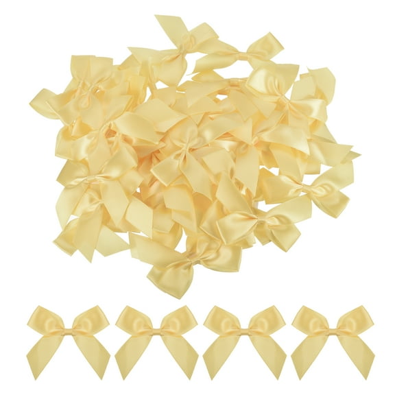 Uxcell Mini Ribbon Bow 2.5" x 2'' 100Pcs Mini Fabric Satin Ribbon Flower Bows Craft DIY Sewing Wedding Bows Gold