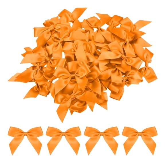 Uxcell Mini Ribbon Bow 2.5" x 2'' 100Pcs Mini Fabric Satin Ribbon Flower Bows Craft DIY Sewing Wedding Bows Orange