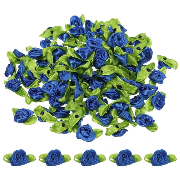 Mini Ribbon Roses Tiny Satin Fabric Flowers with Green Leaves Embellishments Blue