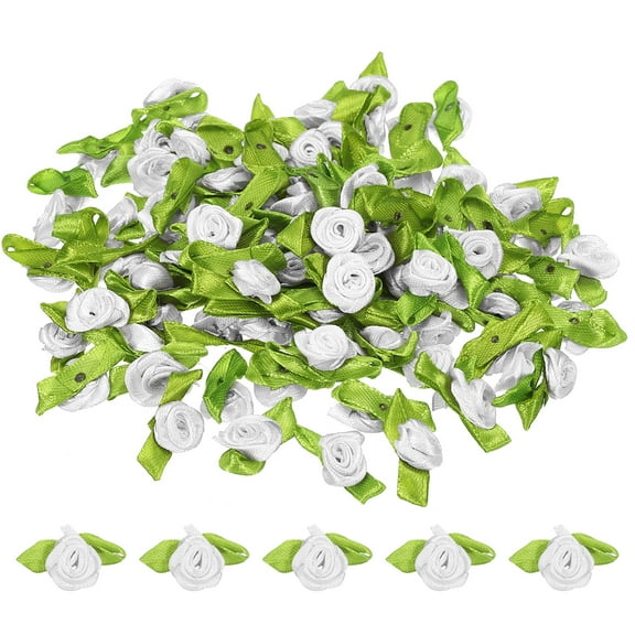 Mini Ribbon Roses Tiny Satin Fabric Flowers with Green Leaves Embellishments White