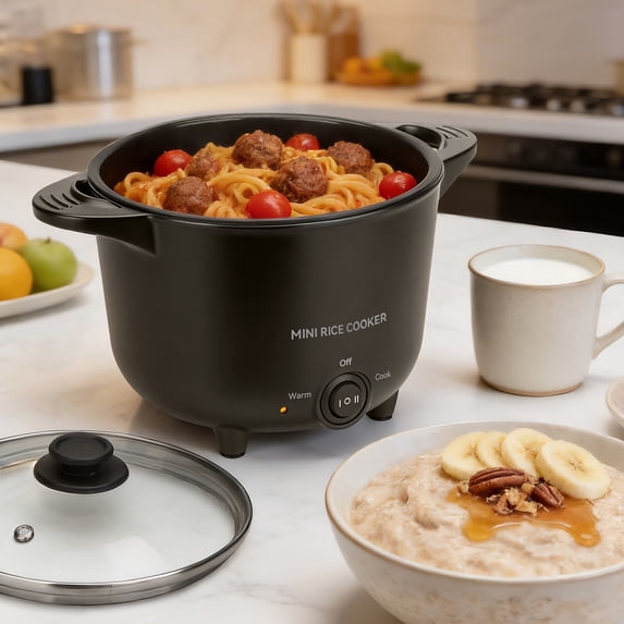 Mini Rice Cooker with Nonstick Pot, Electric Hot Pot and Noodle Cooker, Black, 8.8 in