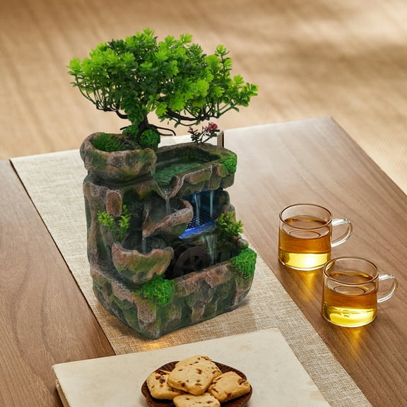 Mini Rockery Waterfall Fountain with LED Lights, Feng Shui Desktop Decor, Indoor Tabletop Water Feature for Stress Relief and Stylish Home Office Accent