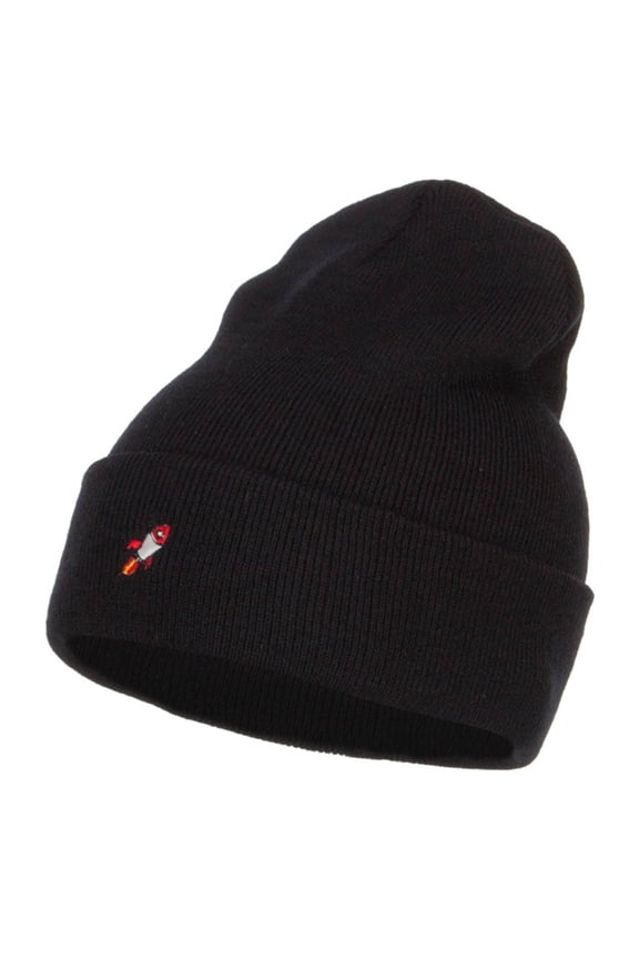 Mini Rocket Embroidered Long Beanie - Black OSFM