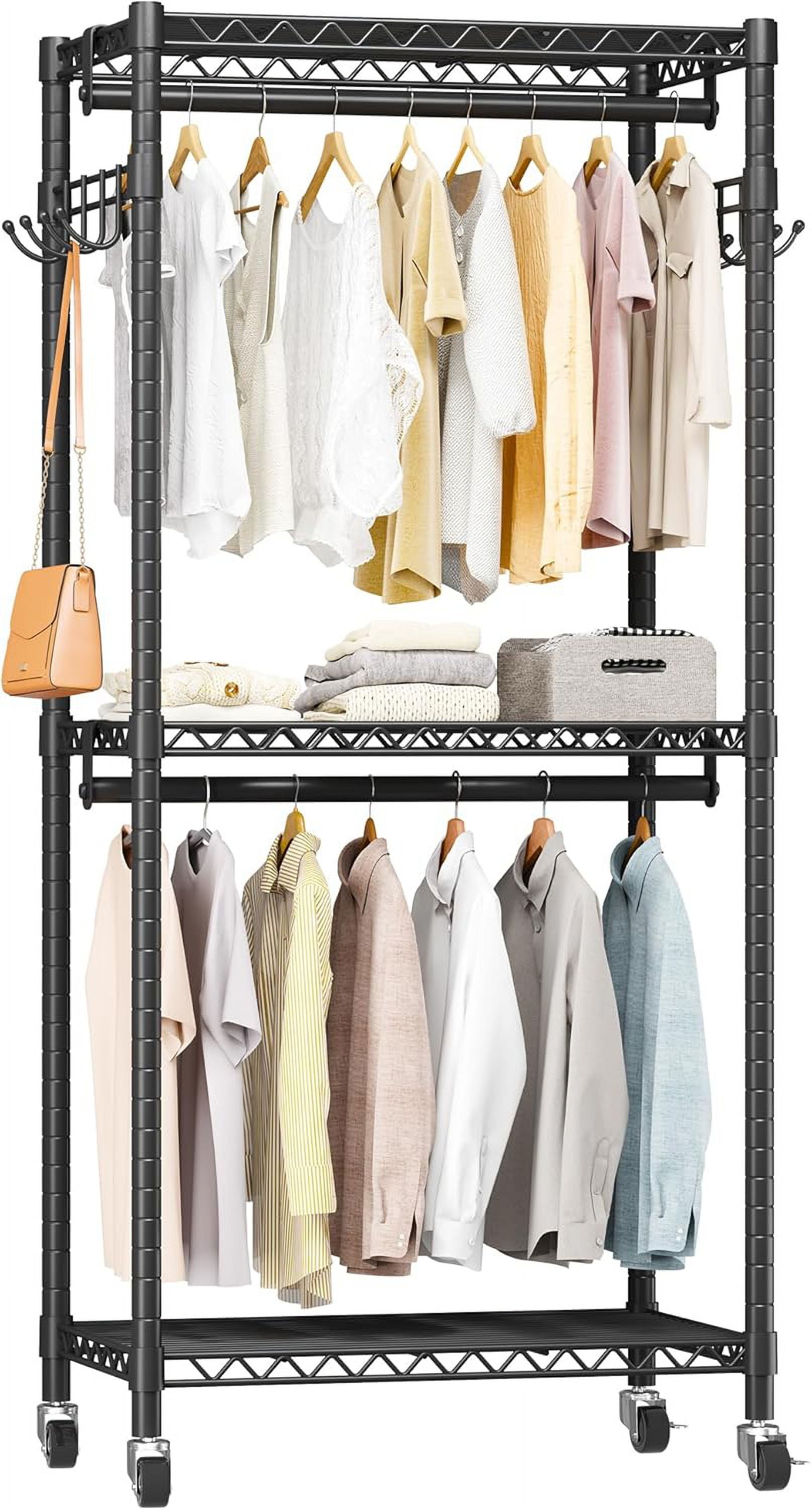 Black Metal Rolling Freestanding Closet with Adjustable Shelves