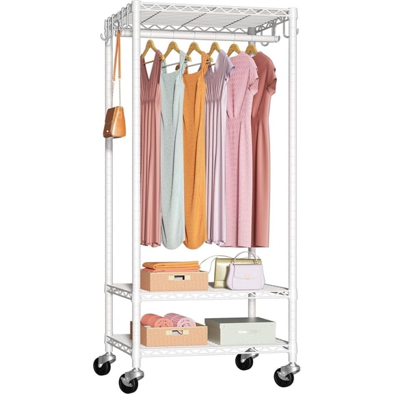 Mini Rolling Clothes Rack Heavy Duty Freestanding Garment Rack with Wheels Portable Closet Rack 360 Lb Capacity 23.6 W x 14 D x 74.6 H Inches White