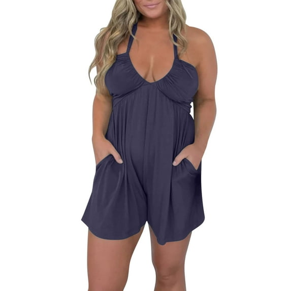 Mini Romper Dresses for Women, Plus Size Rompers for Women Summer V Neck Backless Overall Shorts Loose Casual Short Jumpsuits with Pockets Overalls for Women Loose Fitting Dark Blue XXL