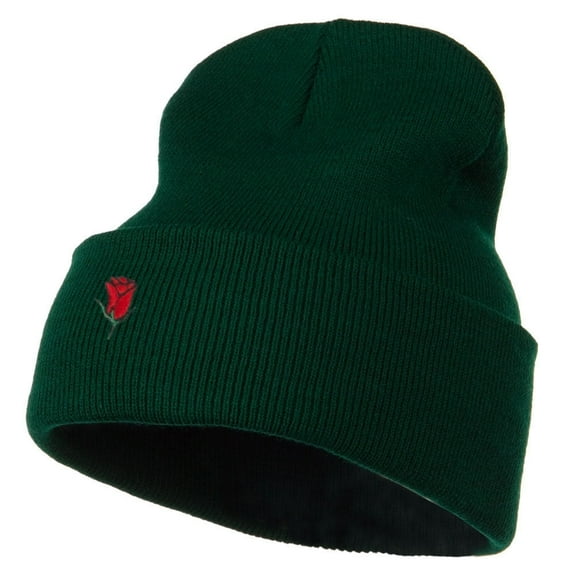 Mini Rose Embroidered Long Beanie - Dark Green OSFM