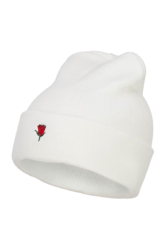 Mini Rose Embroidered Long Beanie - White OSFM
