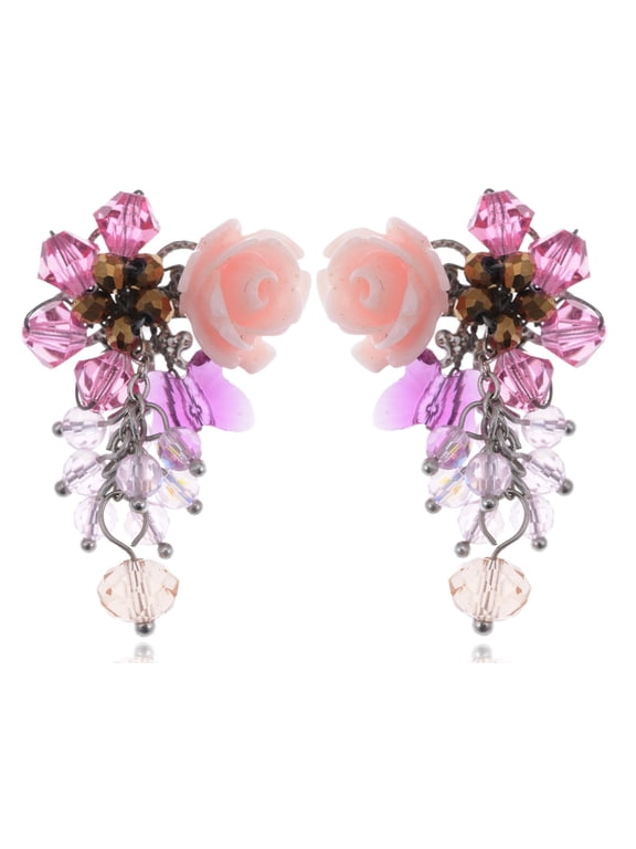 Mini Rose Pink Cluster of Baubles Flower Trinkets Fashion Drop Earrings