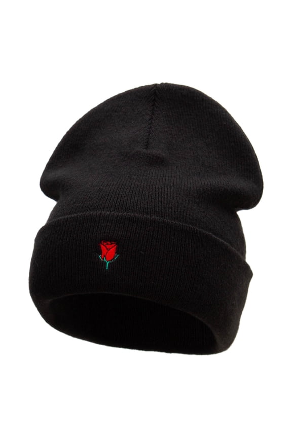 Mini Rose Symbol Embroidered Big Size Acrylic Long Beanies - Black XL-3XL