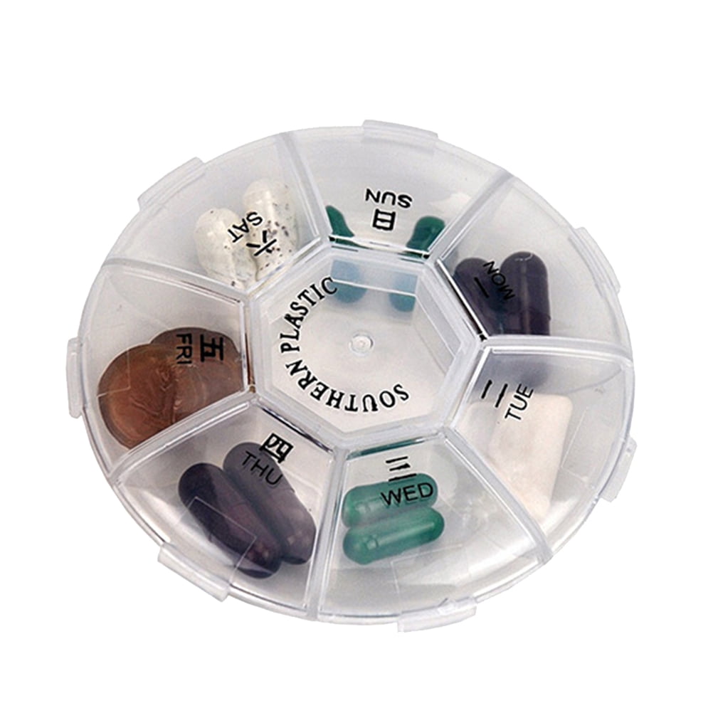 Mini Round Pill Organizer Box Case with 7 Cells Portable and Clear
