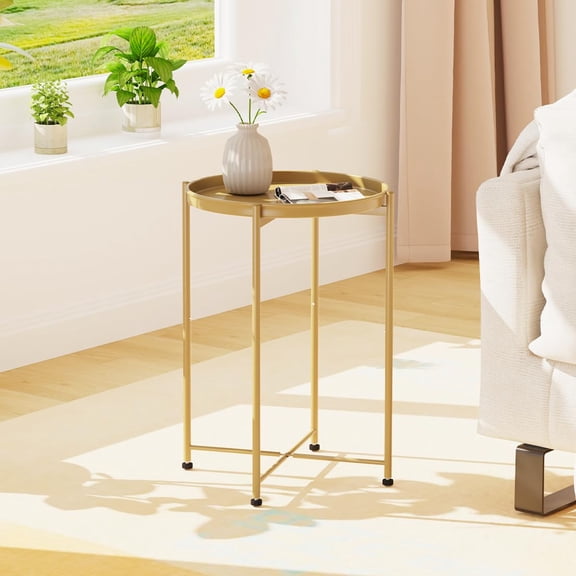 Mini Round Side Table, Metal Frame End Tray Table, Contemporary Nightstand for Bedroom, Living Room, Patio and Small Space Use, 1 Piece