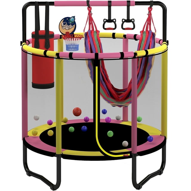 Mini Round Trampoline for Kids with Basketball Hoop, SEGMART 55'' Indoor Outdoor Toddler Trampoline with Enclosure Net, Swing, Sandbag, Ring, Ocean Balls, Small Trampoline Gift for Boys Girls, Pink