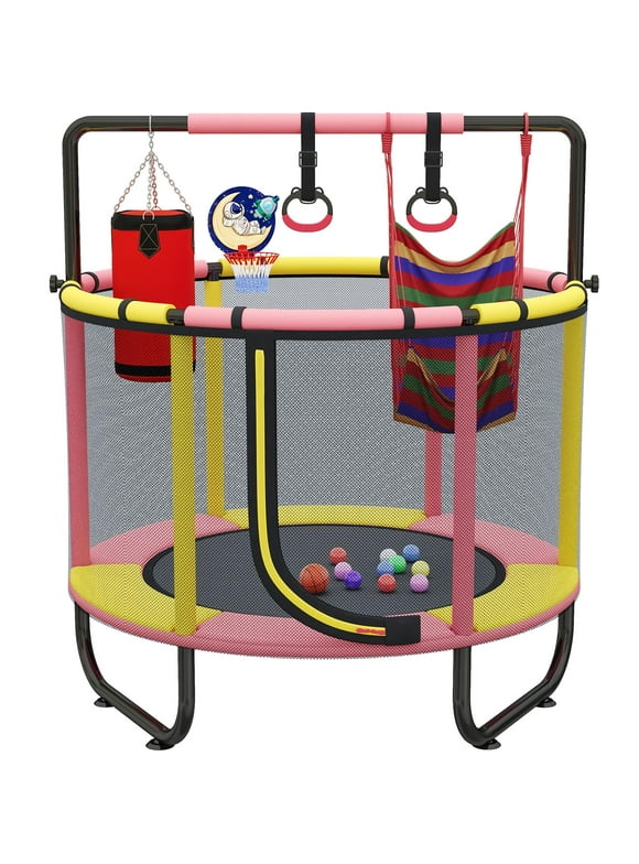 Mini Round Trampoline for Kids with Basketball, SEGMART 55'' Indoor Outdoor Toddler Trampoline with Enclosure Net, Swing, Sanbag, Ring, Ocean Balls, Small Trampoline Gifts for Boy and Girls, Pink