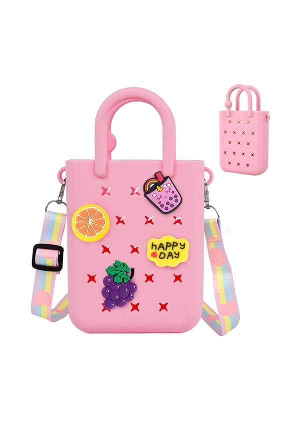 Mini Rubber Tote Bag, EVA Waterproof Beach Tote for Little Girls And Woman, Silicone Hole Small Beach Tote for Travel Outdoor, Cute Rubber Beach Bag with 20 Charms & Adjustable Shoulder Strap
