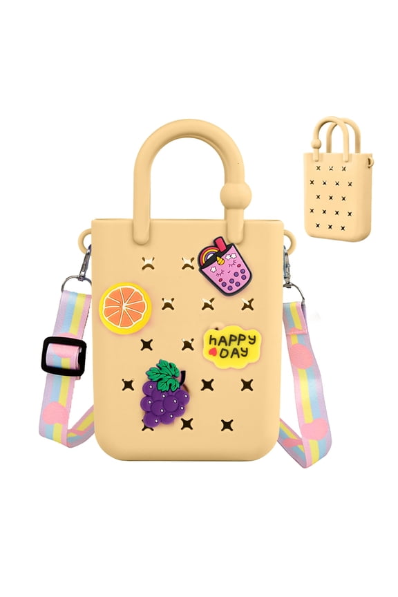 Mini Rubber Tote Bag, EVA Waterproof Beach Tote for Little Girls And Woman, Silicone Hole Small Beach Tote for Travel Outdoor, Cute Rubber Beach Bag with 20 Charms & Adjustable Shoulder Strap