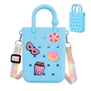 Mini Rubber Tote Bag, EVA Waterproof Beach Tote for Little Girls And Woman, Silicone Hole Small Beach Tote for Travel Outdoor, Cute Rubber Beach Bag with 20 Charms & Adjustable Shoulder Strap