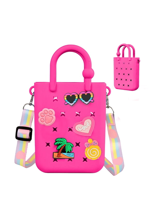 Mini Rubber Tote Bag, EVA Waterproof Beach Tote for Little Girls And Woman, Silicone Hole Small Beach Tote for Travel Outdoor, Cute Rubber Beach Bag with 20 Charms & Adjustable Shoulder Strap