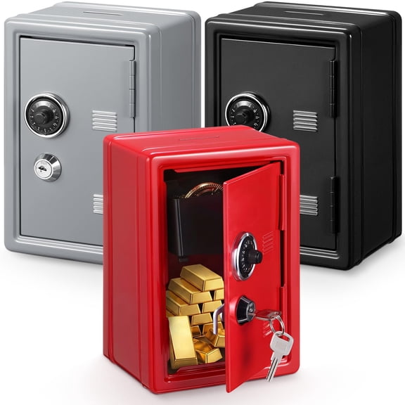 Mini Safe Box With Key Lock & Combination Dial, Black Red Silver Metal